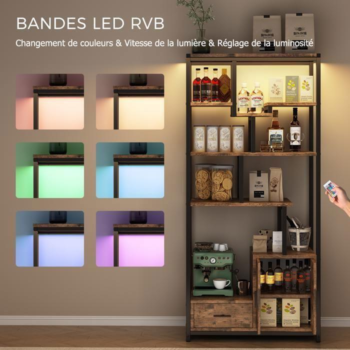 Libreria a 6 Livelli, Mobile Portaoggetti luminoso a LED, con Ante, 1 cassetto, Struttura in Acciaio, per Soggiorno, Ufficio, Camera da Letto