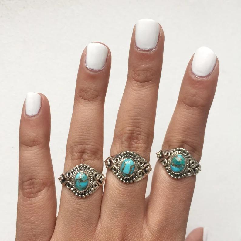 Solid 925 Sterling Silver Blue Copper Turquoise Gemstone Ring, Handmade Ring, Bohemian Ring, Partywear Ring