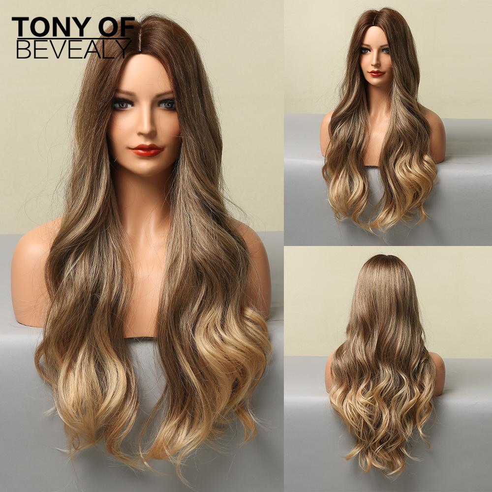 HAIRCUBE White Platinum Mixed Brown Synthetic Wigs Long Wavy Natural Hair Wigs for Women Middle Part Daily Heat Resistant Wigs