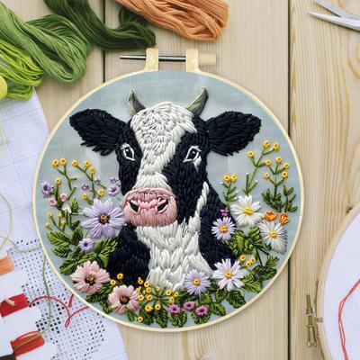 Animal Stamped Cross Stitch Embroidery Kits with Hoop Cloth Color Thread