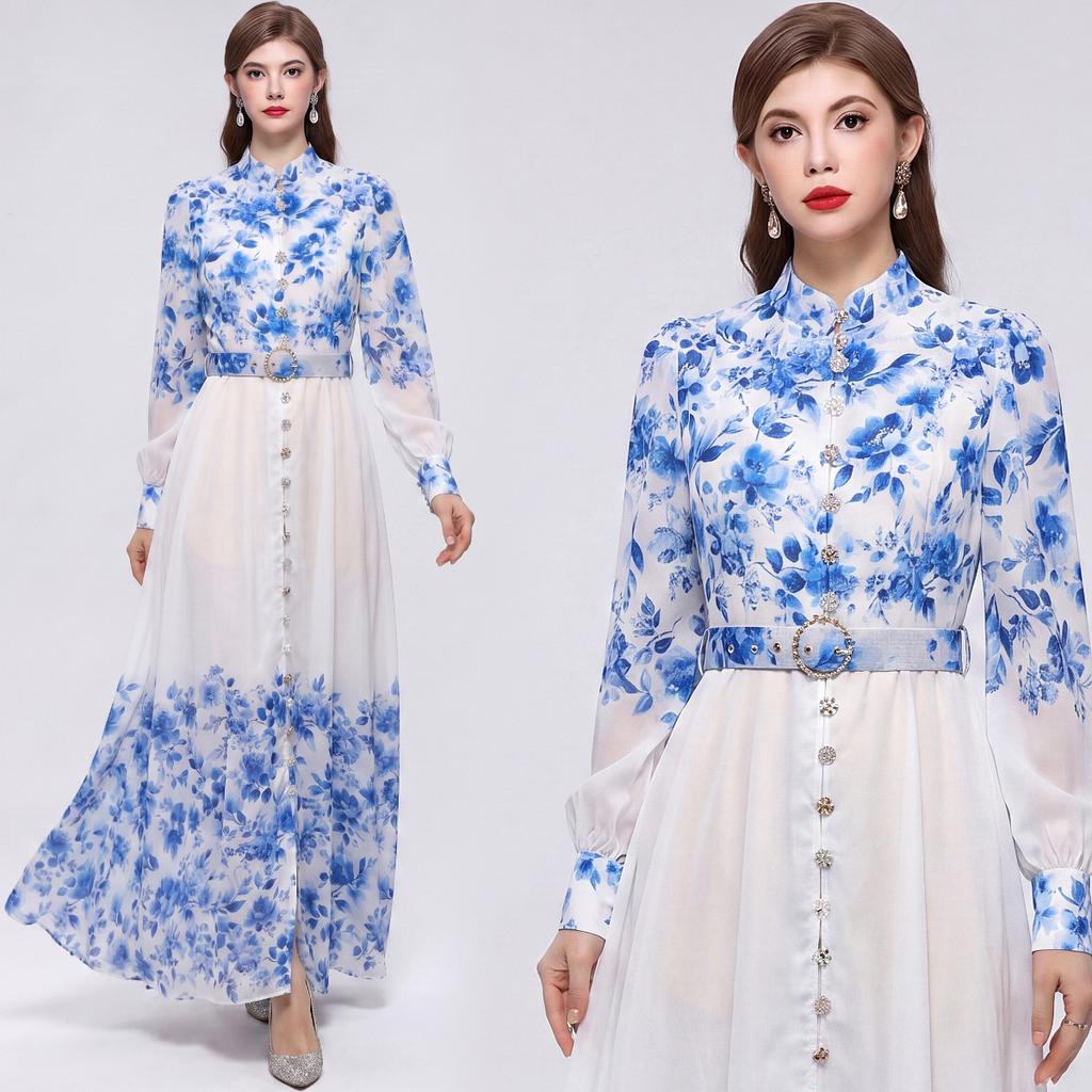 Elegant Gorgeous Flower Women Long Dress with Belt Stand Collar Lantern Sleeve Diamond Buttons 2026 Spring Summer Holiday Robes