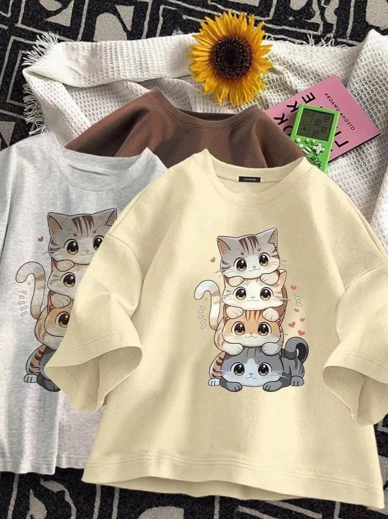 Unisex Summer Japanese Style Cat Print Loose Short Sleeve Tee