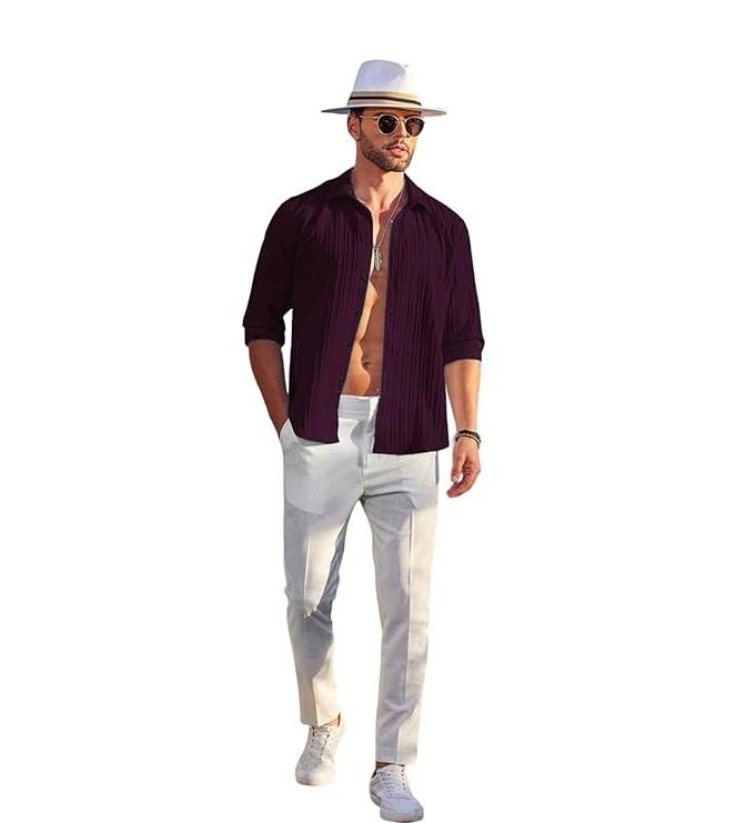 Men's Casual Button Down Shirts Long Sleeve Linen Shirt Fashion Textured Beach Summer Shirt