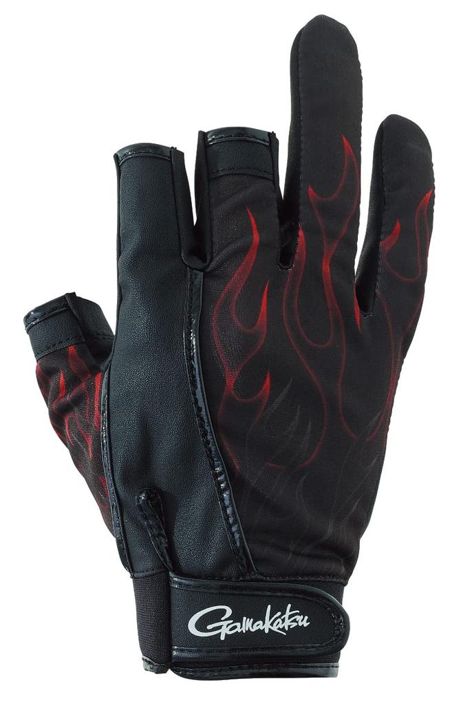 Gamakatsu Stretch Fishing Gloves (Flame Pattern3-Strip) GM7292 Black, Medium