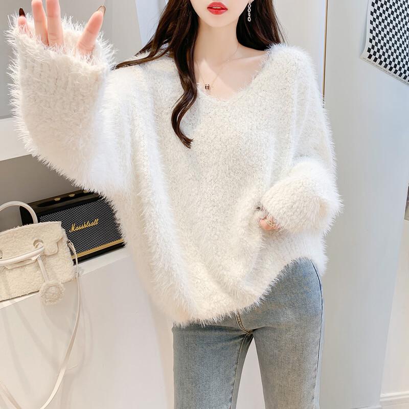 Women's Faux Mink V-Neck Pullover Sweater