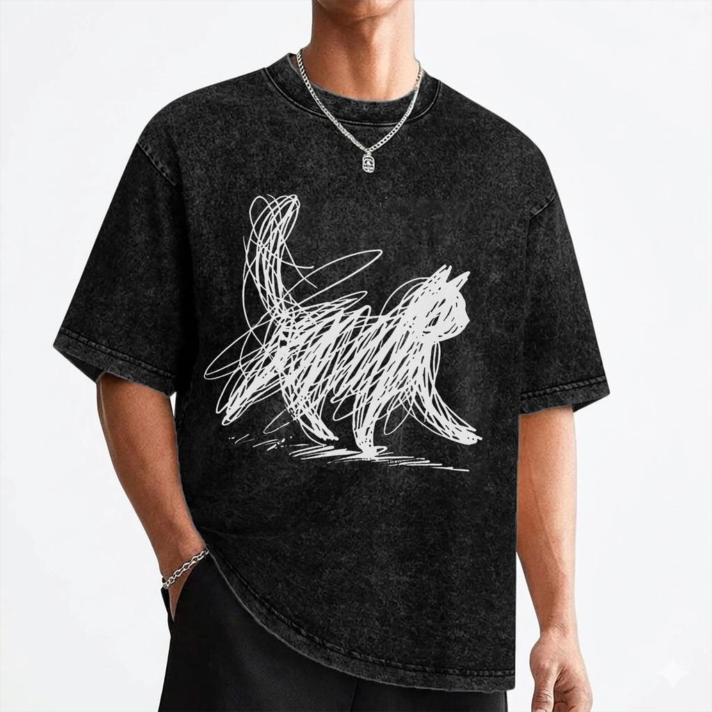 Abstract Cat Art Line T Shirts Washed 100 Cotton Oversize TShirts Cool for Men Women Streetwear Printed Tee Shirt