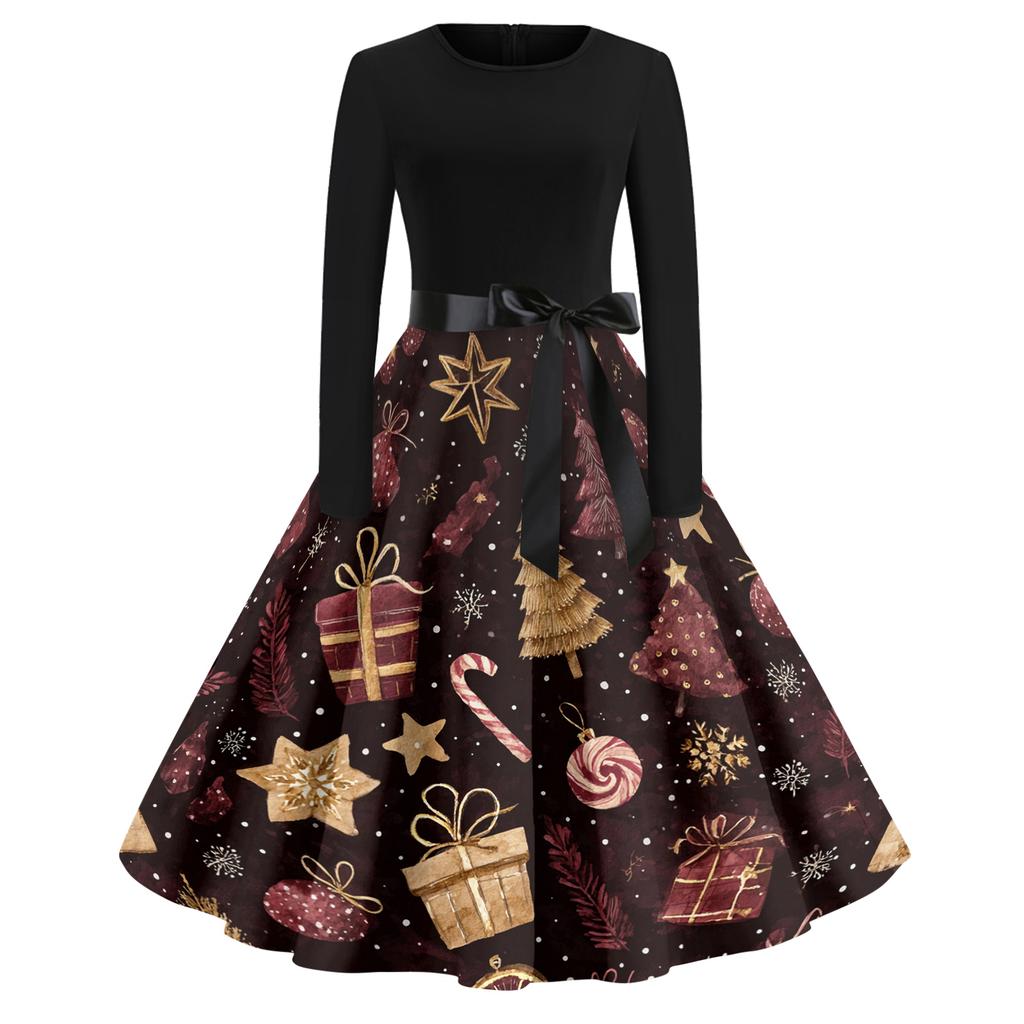 Women's Casual Fashion Round Neck Christmas Printed Vintage Dress