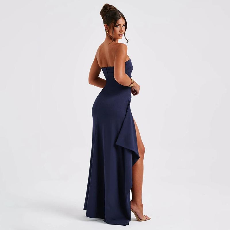 New Elegant Off Shoulder Strapless Evening Gown Dress Spring Summer Solid Color Tube Top Tight Waist High Split Party Long Dresses Simple Clothing