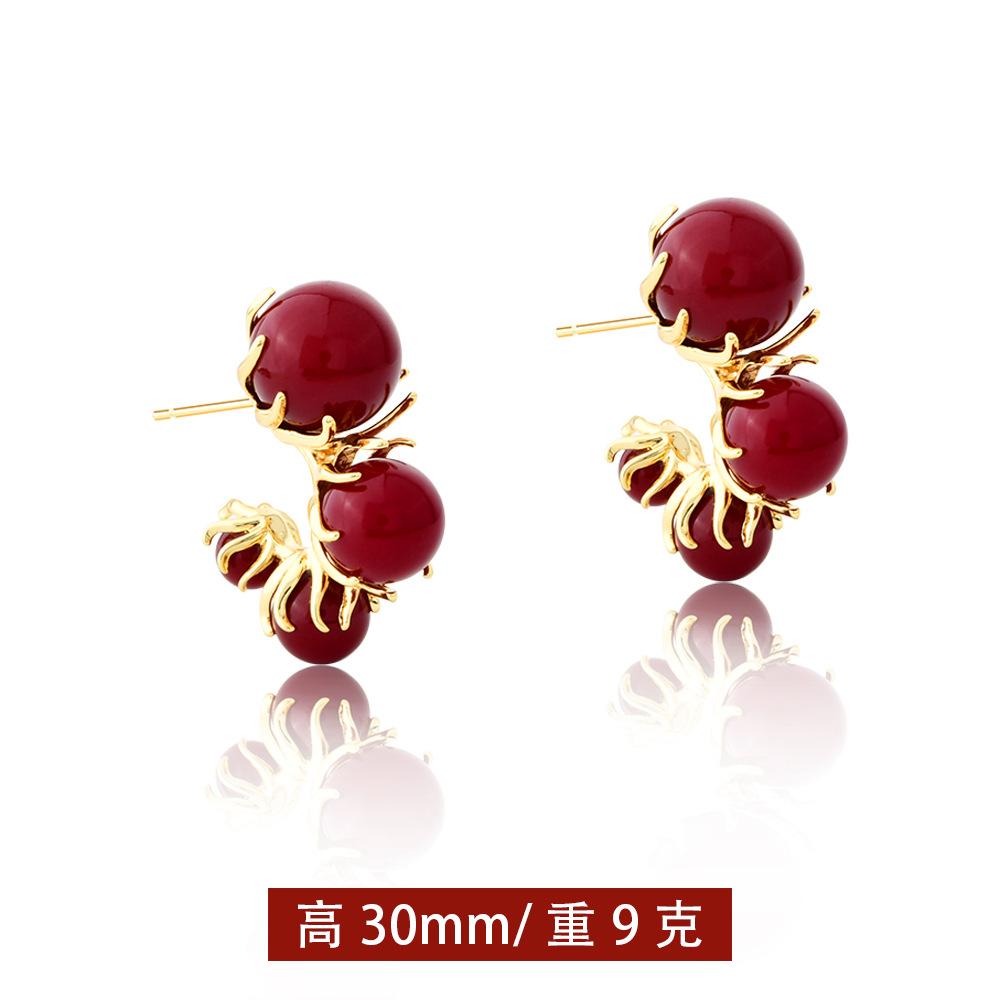 Autumn and winter new red retro pearl earrings fashion festive temperament versatile stud earrings Ankola red fireworks earrings
