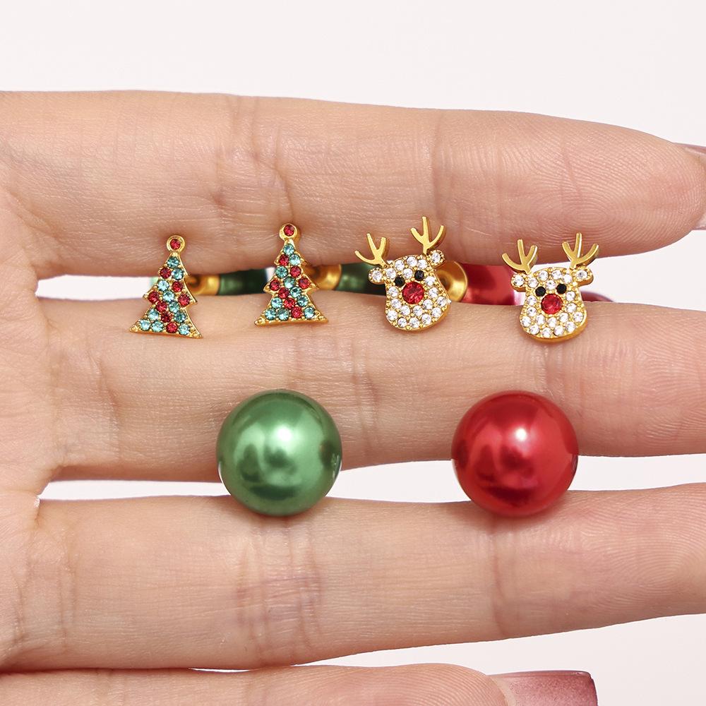 Xinyixin Christmas Tree Reindeer Zircon Stud Earrings with Colorful Bead Backs