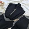 3 teile/satz Gestrickte Pullover Anzug Casual Kette Weste Gestrickte Jacke + Elastische Hosen Drei-stück Sets Frauen Outfits