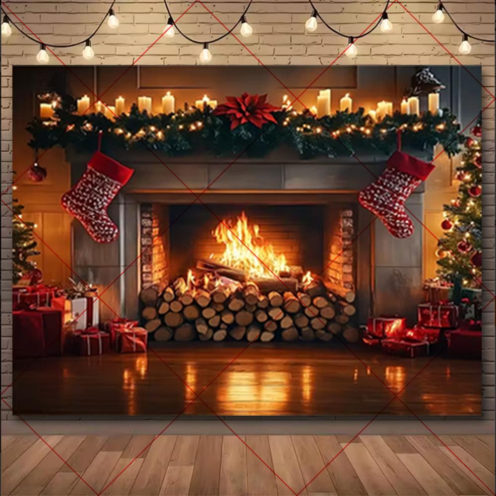 Christmas Winter Background Vintage fireplace Party Decoration Children's Photo Studio Supplies Xmas Tree Lanterns Snowy Scenery