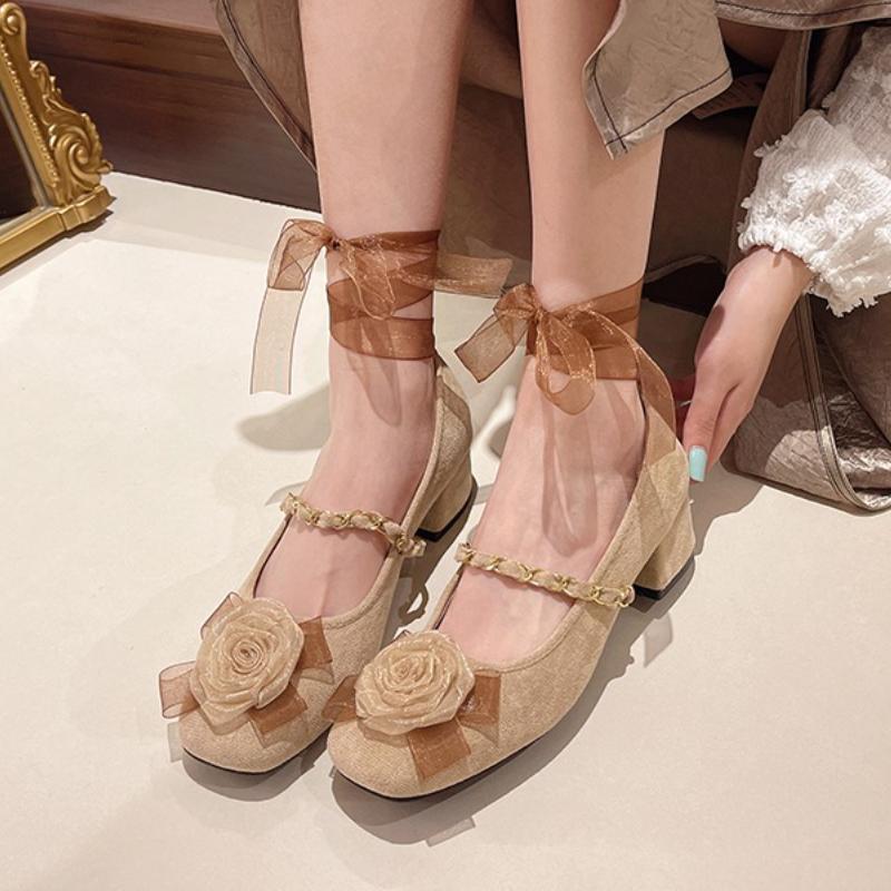 Women's High Heels Fashion Metal Chain Ankle Ribbons Mary Jane Shoes Elegant Flowers Square Toe Pumps Lady Flannel Shallow Heels