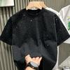 T-shirt d'été pour hommes avec strass, col rond, ample, couleur unie, manches courtes, pull décontracté, mi-long, tenue quotidienne, haut de sport
