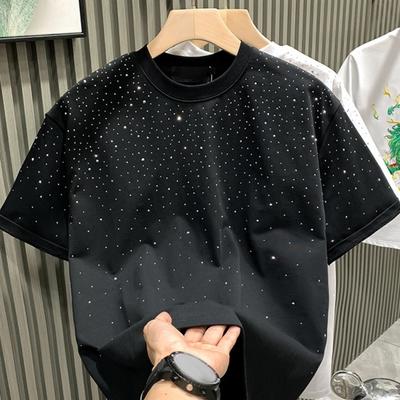 Summer Men T-shirt Rhinestone Decor Round Neck Loose Pure Color Short Sleeves Pullover Casual Mid Length Daily Wear Sport Top