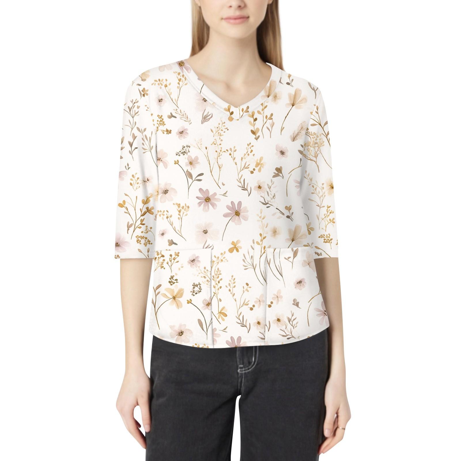 

Модная женская рабочая одежда с v-образным вырезом и рукавами 3/4, свободные топы с карманами и принтом XXL хаки