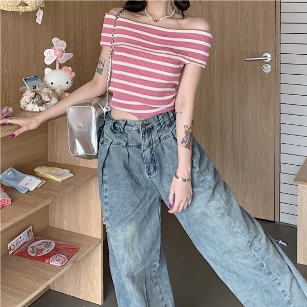Striped Off Shoulder Sweater For Women With Slim Fit Short Sleeve Knit Top