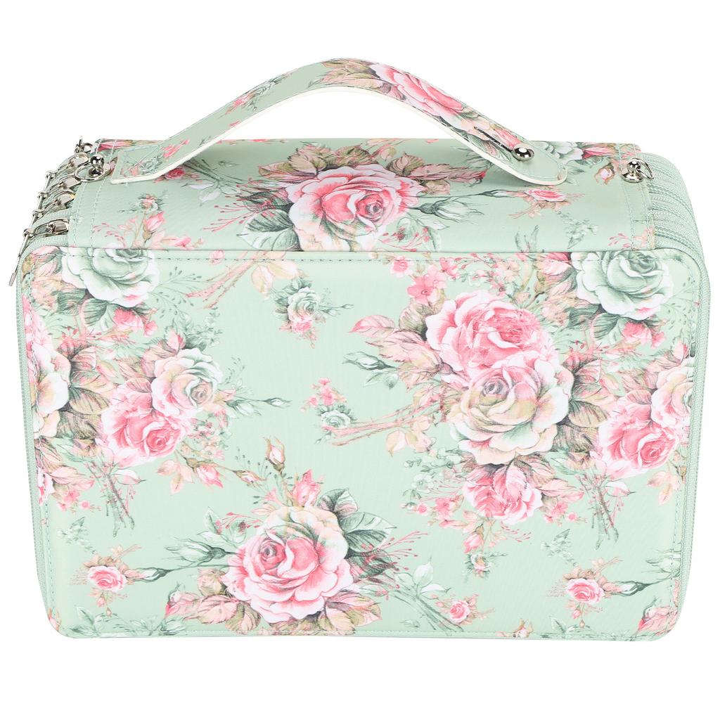 Pencil Case Rose Printed Multi Layer Zipper 252 Slots Portable Pen Holder Storage Pocket(Green Background Rose )