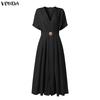 VONDA Women Elegant V Neck Pleated Midi Dress Short Sleeve High Waist A Line Office Style Sundress