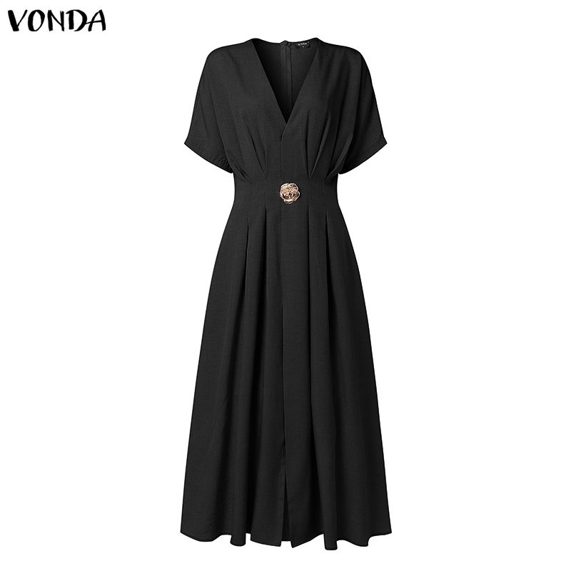 VONDA Women Elegant V Neck Pleated Midi Dress Short Sleeve High Waist A Line Office Style Sundress