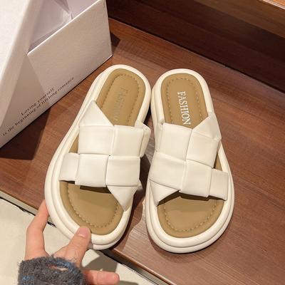 2025 Summer New Korean Version Thick-bottomed Casual Woven One-word Cool Slippers Square-bottomed Soft-bottomed Beach Sandals Women
