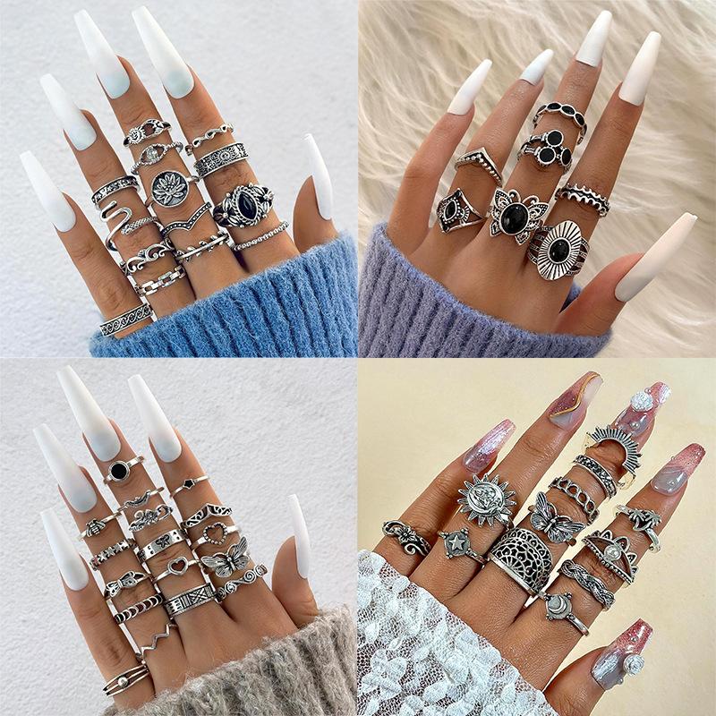 Accessories 15-piece ring set Personalized trendy openwork lotus sunflower geometric black gemstone set ring