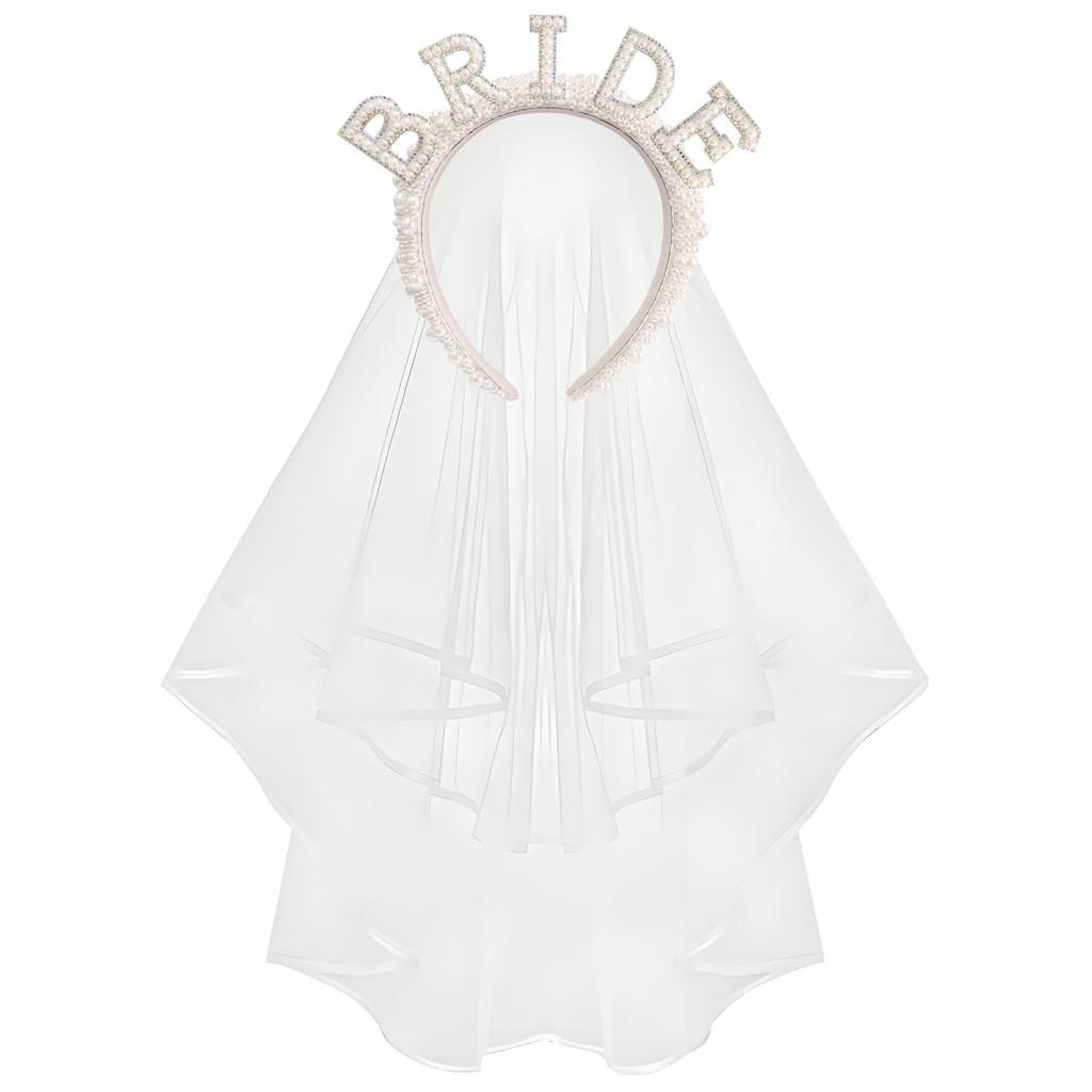 2026 Fashion Bride Bachelor Party, Bride Pearl Crystal Shoulder Strap Veil Headband Ribbon