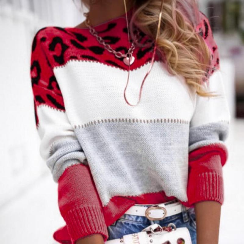 Striped Leopard Print Round Neck Pullover Sweaters Women Fashion Loose Vintage Knitted Sweater Woman Autumn Long Sleeve Casual Winter Clothing 25142