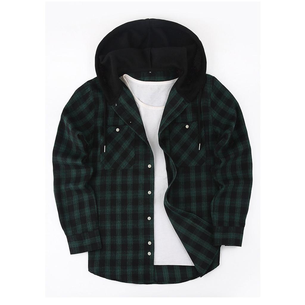 Mens Classic Plaid Long Sleeve Hooded Shirts Multi Pockets Thin Cotton Light Jacket Relaxed Fit Casual Outwear