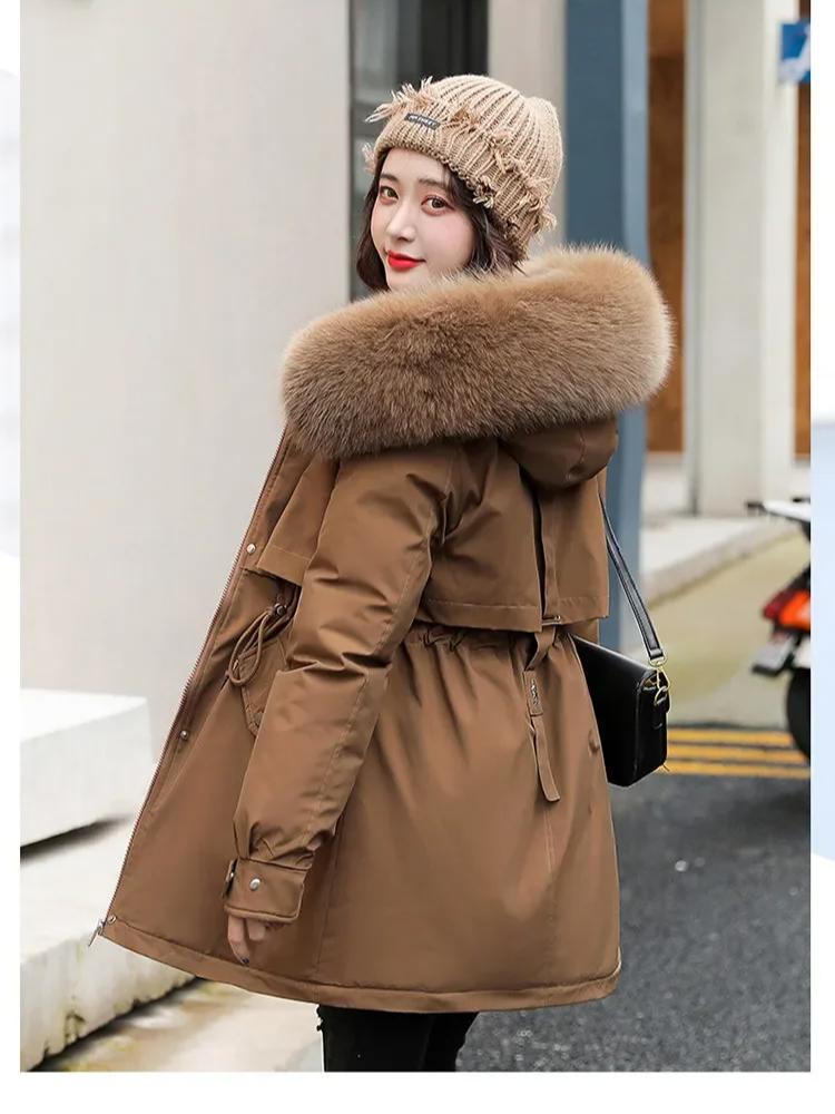 Women Parka Fashion Long Coat Wool Liner Hooded Parkas 2024 New Winter Jacket Slim with Fur Collar Warm Snow Wear Padded Clothes