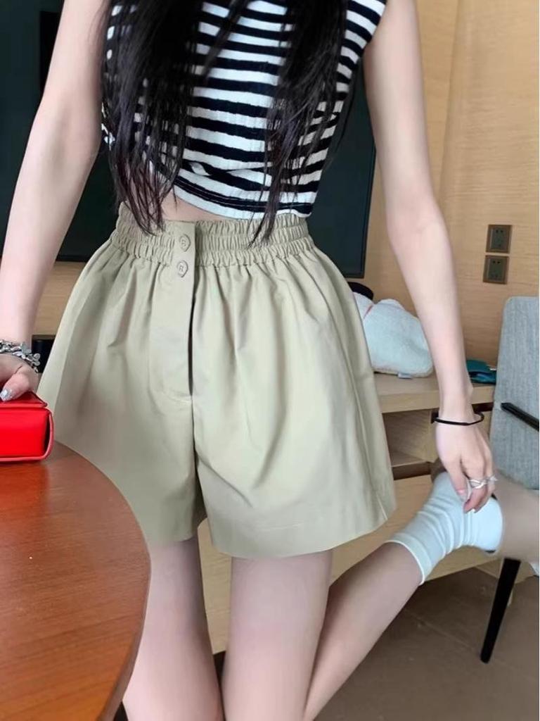 Women's Summer Washed Cotton Wide-Leg High Waist Shorts, Korean Style, Slimming, Solid Color, Versatile, Casual.