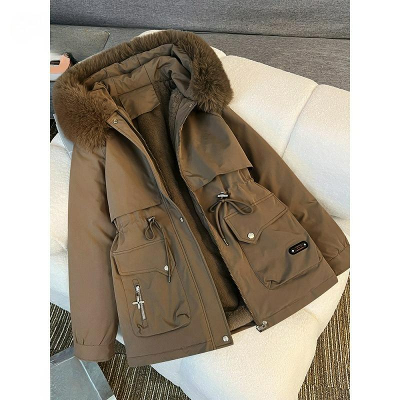 Parker Clothing Women's Winter Plus Velvet Padded Jacket, Plus Size Loose Hooded Tooling Padded Jacket, Warm Padded Jacket