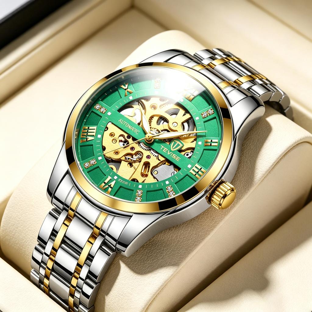 Custom Brand Hollow Dial Automatic Mechanical Watch for Men Stainless Steel Band Crystal Waterproof Wrist Watch Reloj De Lujo