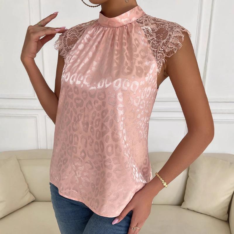 New Fashion Women's Summer Shirt Leopard Print Half Turtle Collar Shirt Lace Sleeve Pullover