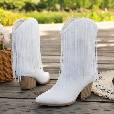 Fashion New Pointed Toe Versatile Block Heel No Knee Mid-Tube Tassel Boots for Women