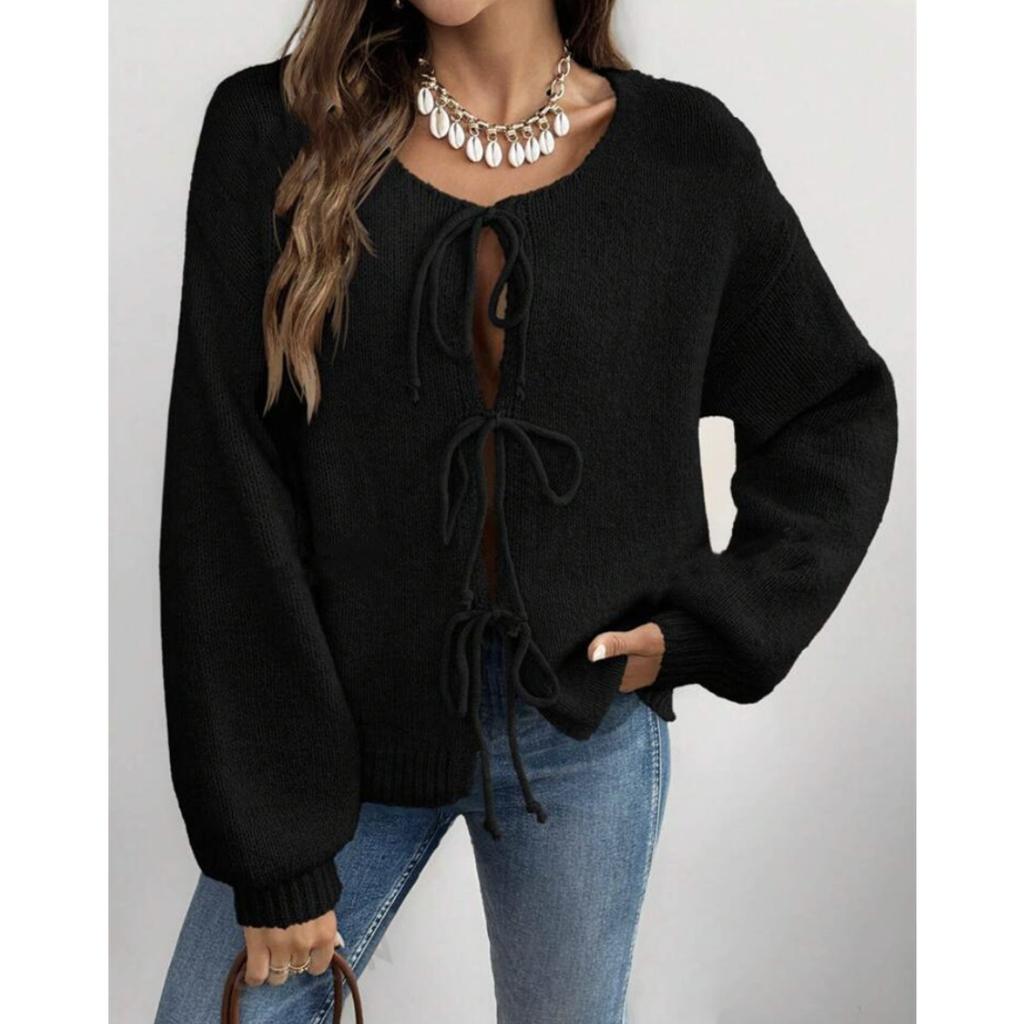 Autumn and Winter Women's Clothing, Casual, Loose Fitting, Cardigan, Tie Up, Solid Color Sweater