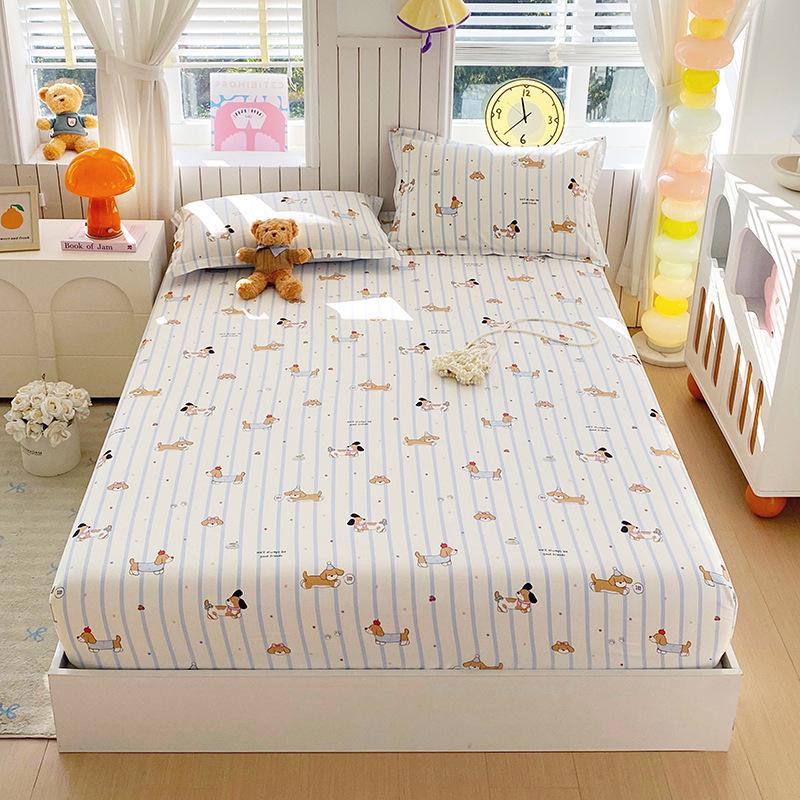 Pure Cotton Printed Single Bed Sheet Set - Fitted Sheet, Protective Cover, Pad Cover (3 Pieces)