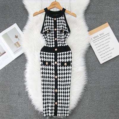 Mini abito corto aderente e aderente in maglia pied de poule, elegante e senza maniche, da donna, estivo
