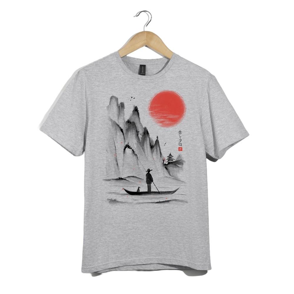 Japanese Red Sun T Shirt Unisex Zen Ink Painting Asian Landscape Nature Art Tee