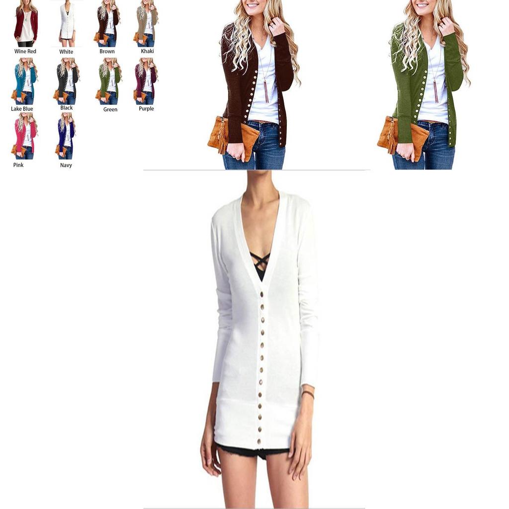 Premium Women V Neck Cardigan Coat Slim Fit Button Plain Cotton Blend Jacket Outwear Top