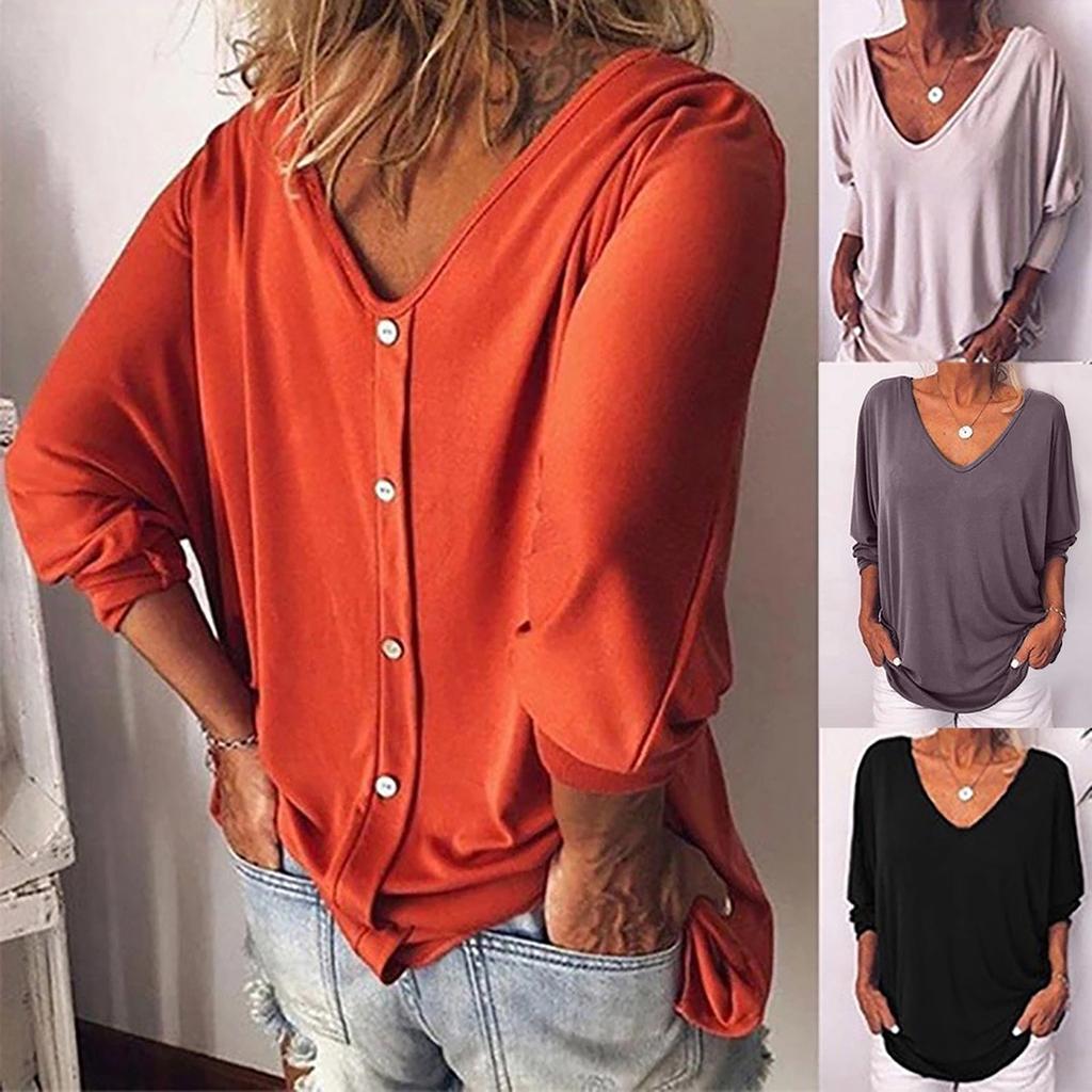 Fashion Color V-neck Sleeve T-shirt Women Back Button Short Sleeve Loose Slim T-shirt