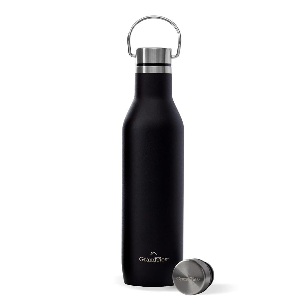 GRANDTIES Traveler Bottle, 620ml, Available in 6 Colors (Midnight Black), with Two Lids, Double-Layer Vacuum Insulated Stainless Steel Bottle, Keeps