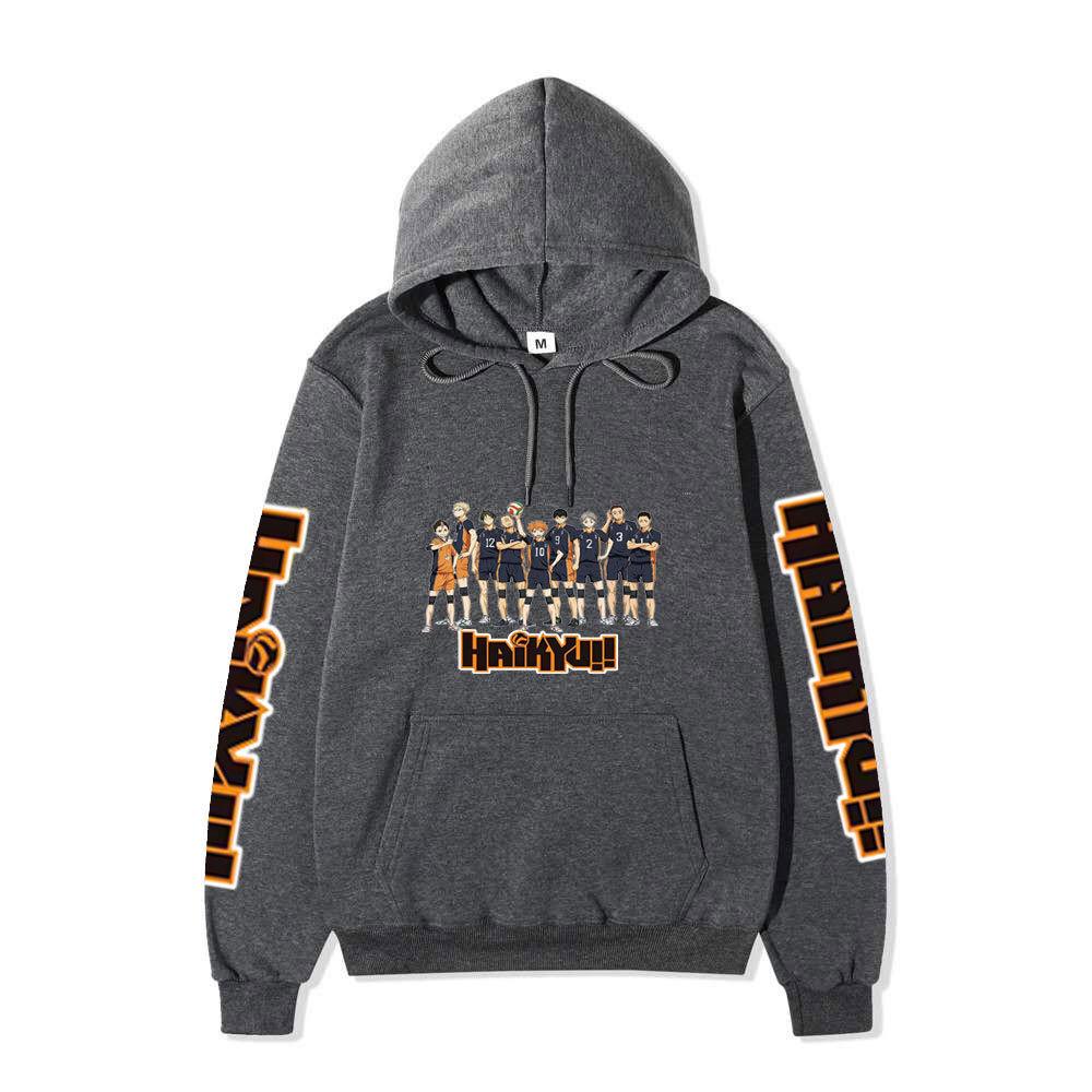Felpa Unisex con Cappuccio in Pile Haikyuu Karasuno Squadra Intera Manica Doppia Stampa Logo Haikyuu Anime Pallavolo Felpa con Cappuccio a Manica Lunga