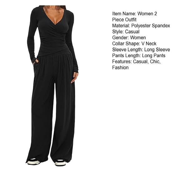 Women's 2 Piece Lounge Sets V Neck Long Sleeve Top And Wide Leg Pants Set Spring Autumn Casual Outfits