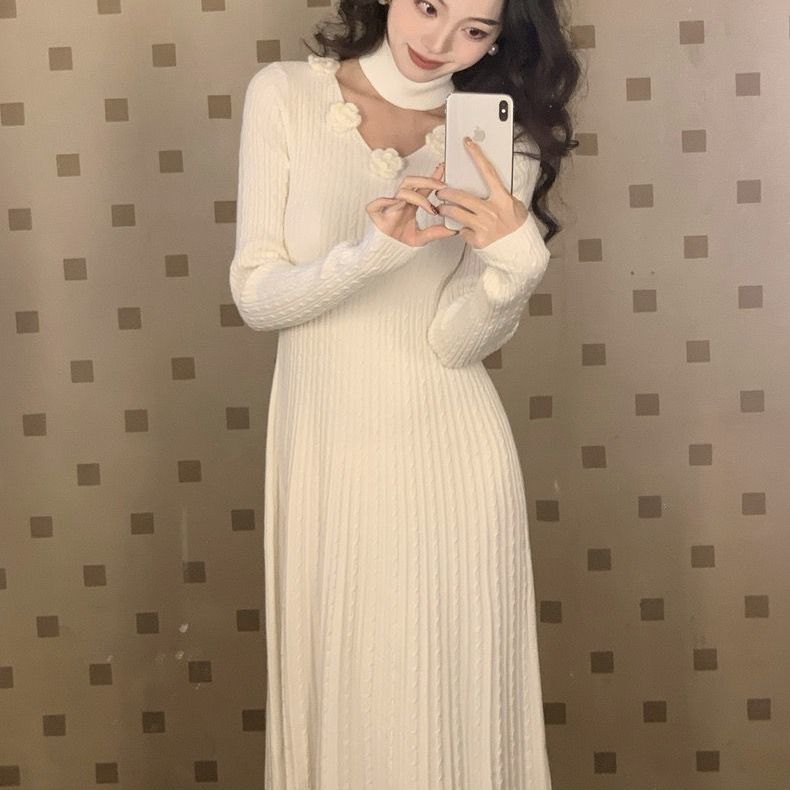 

Нежный французский дизайн цветочный шарф вязаное платье для женщин осень и зима новый стиль темперамент длинные женские платья One Size абрикосовый