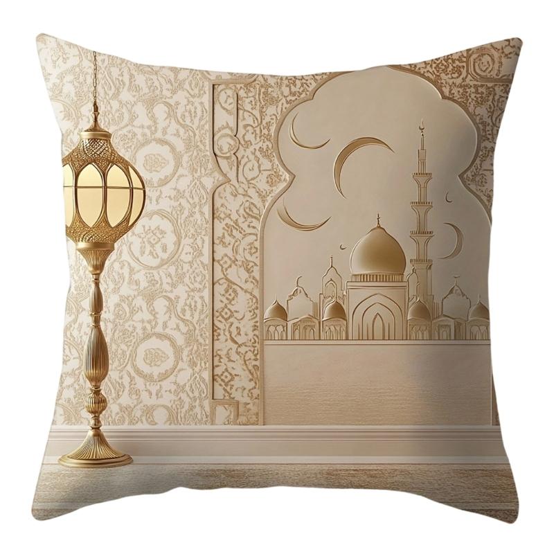 Soft Short Plush Cushion Cover Gold Moon Ethnic Festival Print 45x45cm Standard Size for Home Decoration