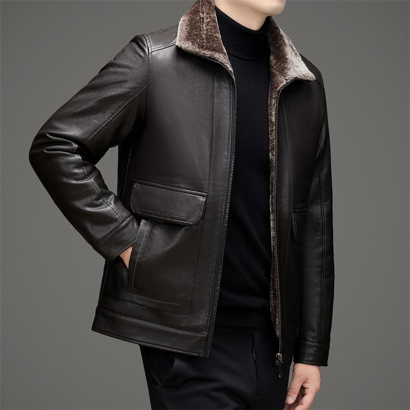 New Autumn and Winter Leather Jackets for Middle-aged and Elderly Dads, Down-lined Leather Jackets, Men's Business Casual Dad Outfits