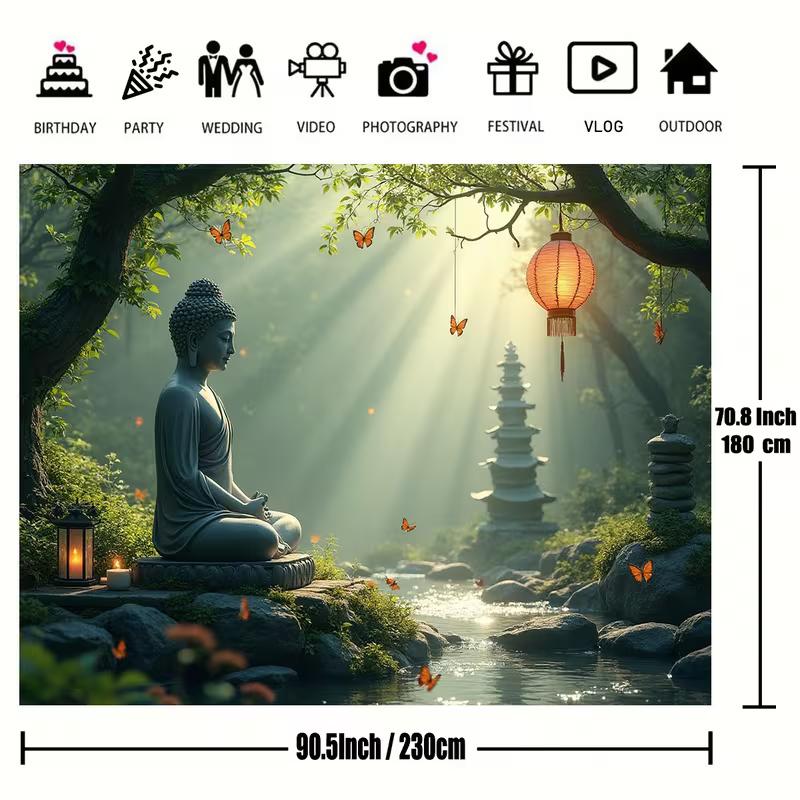 2D Serene Buddha Forest Wall Hanging, Peaceful Zen Garden Waterfall Background Cloth
