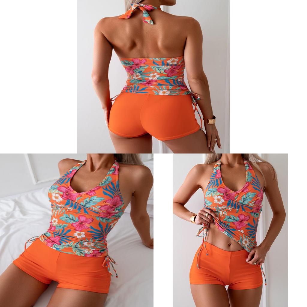 Womens Swimsuit With Floral Print Backless Bikini Top And Short Pant For Water Sports