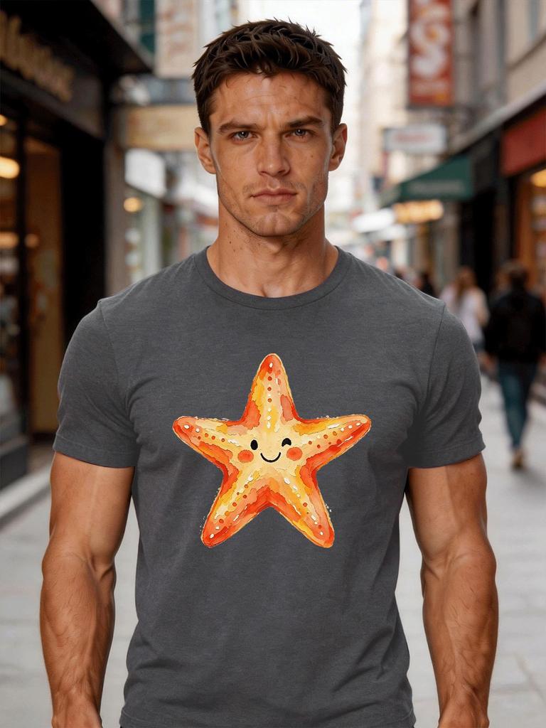 Male Cotton Short Sleeve T Shirt Happy Starfish Ocean Animal Print Loose Crew Neck Trendy Casual Summer Tees For Young Adult Unisex